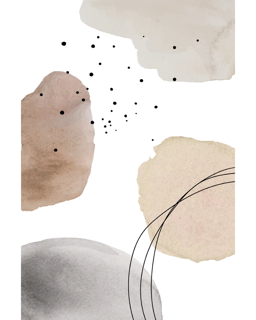 Abstract watercolor shapes with black lines and dots