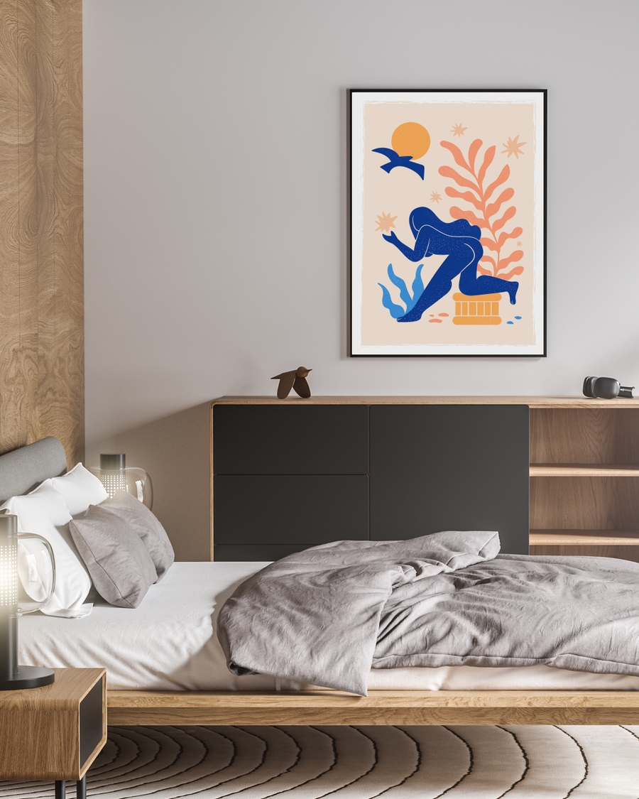 Poster of a styled woman with shapes and a glowing sun hanged on a wall in a bedrom