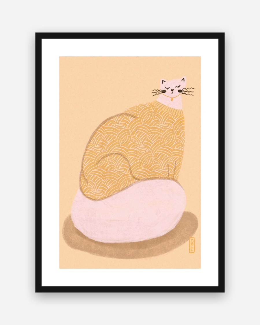 Mustard Knit Cat poster with a white border in a black frame