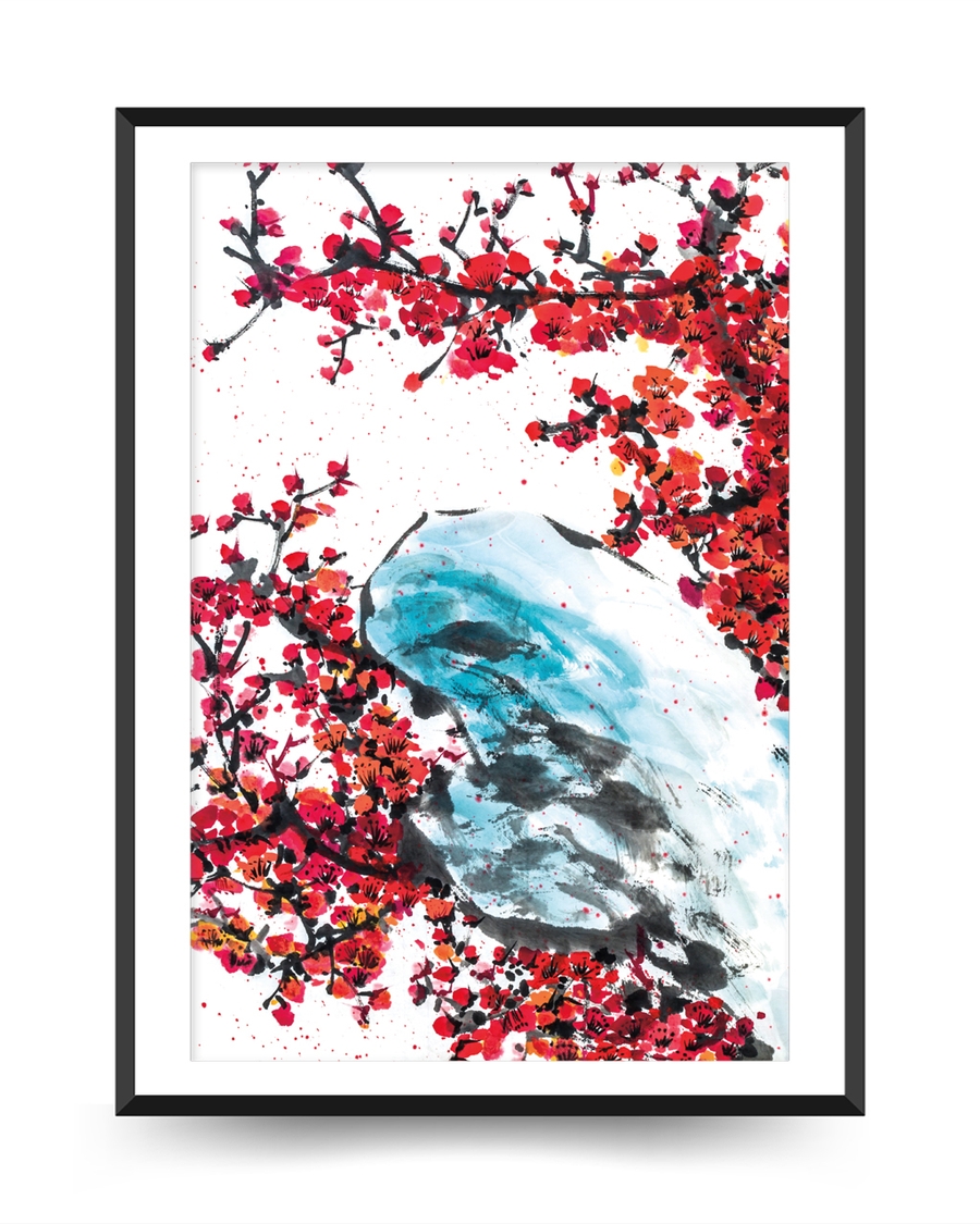 A poster of a Abstract japandi art with red blossoms and blue forms