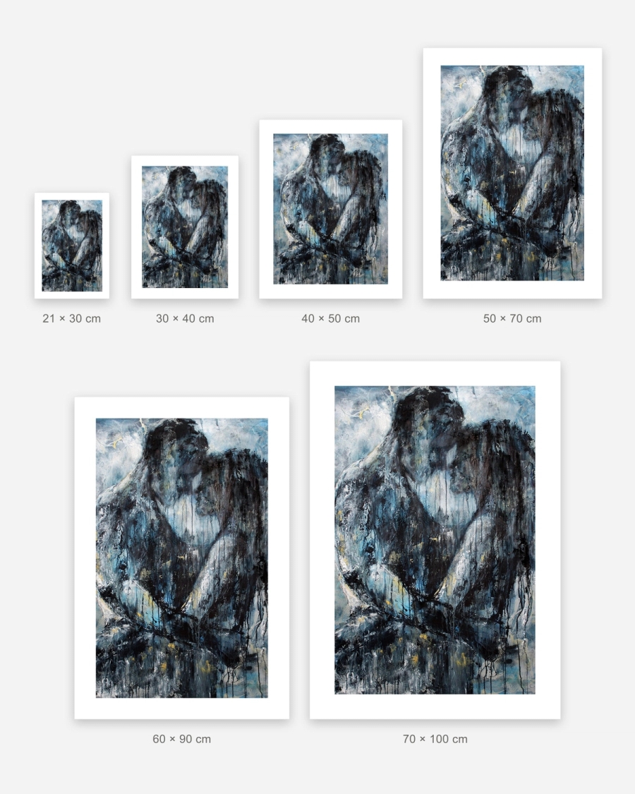 Blue Embrace poster in 6 sizes, shown to scale: 21 × 30, 30 × 40, 40 × 50, 50 × 70, 60 × 90 and 70 × 100 cm