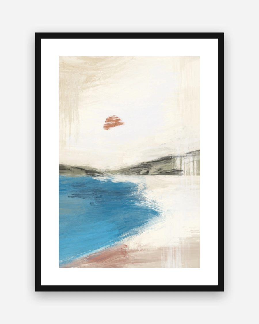 Red Sun Bay poster with a white border in a black frame
