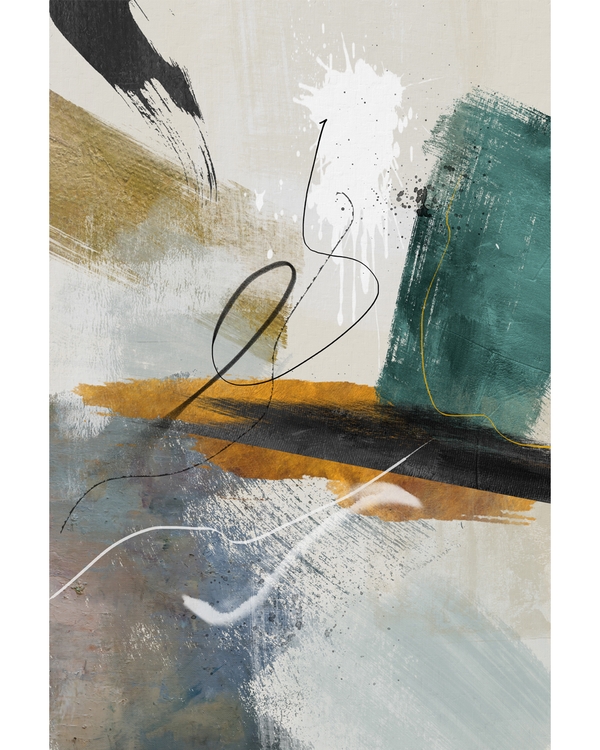 Abstract poster with teal, ochre, black brushstrokes and white splashes