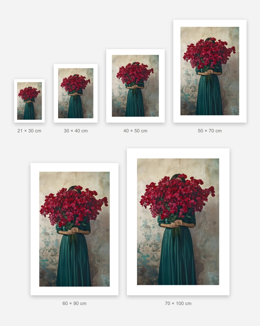 Crimson Bouquet poster in 6 sizes, shown to scale: 21 × 30, 30 × 40, 40 × 50, 50 × 70, 60 × 90 and 70 × 100 cm