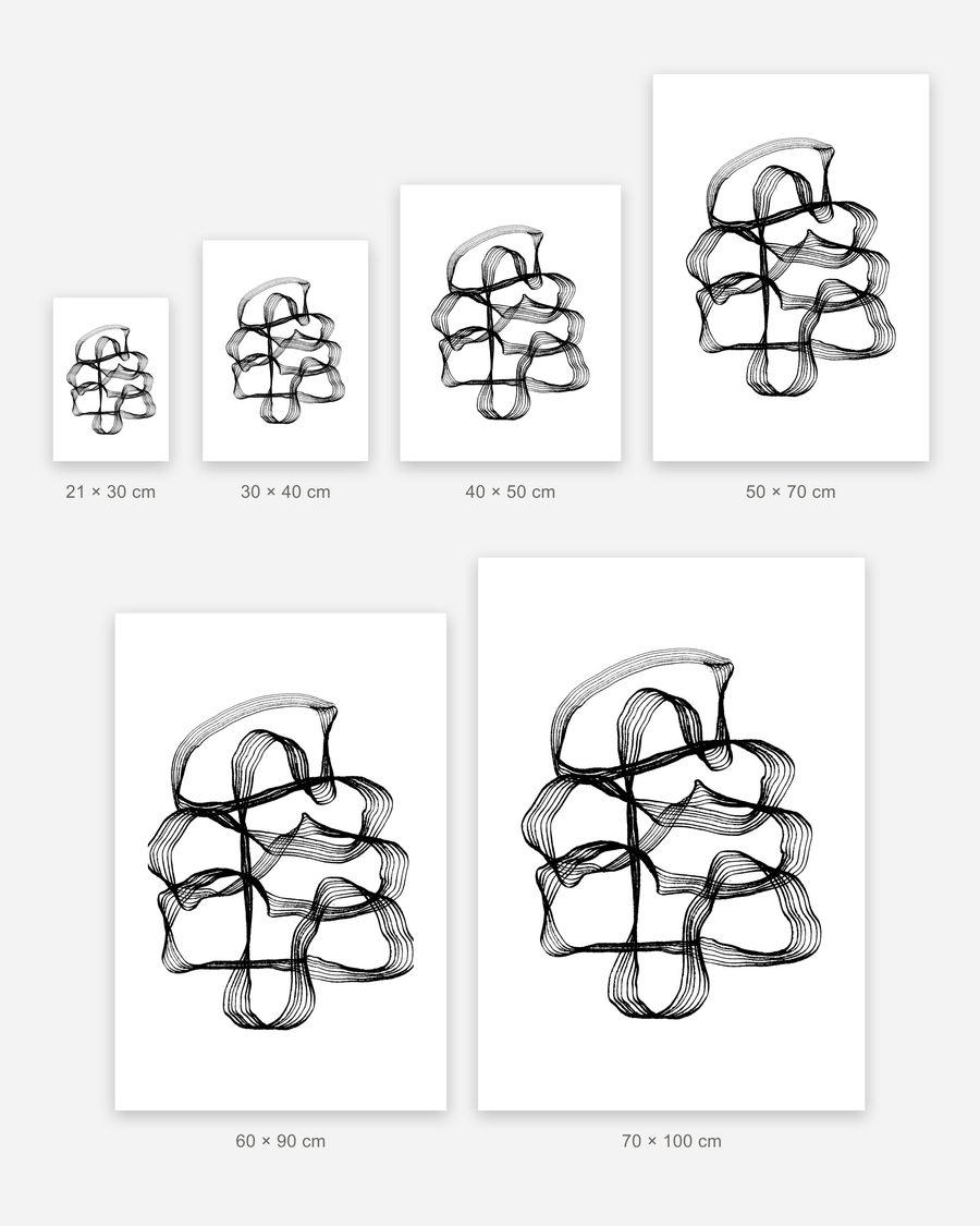 Looping Ribbons poster in 6 sizes, shown to scale: 21 × 30, 30 × 40, 40 × 50, 50 × 70, 60 × 90 and 70 × 100 cm