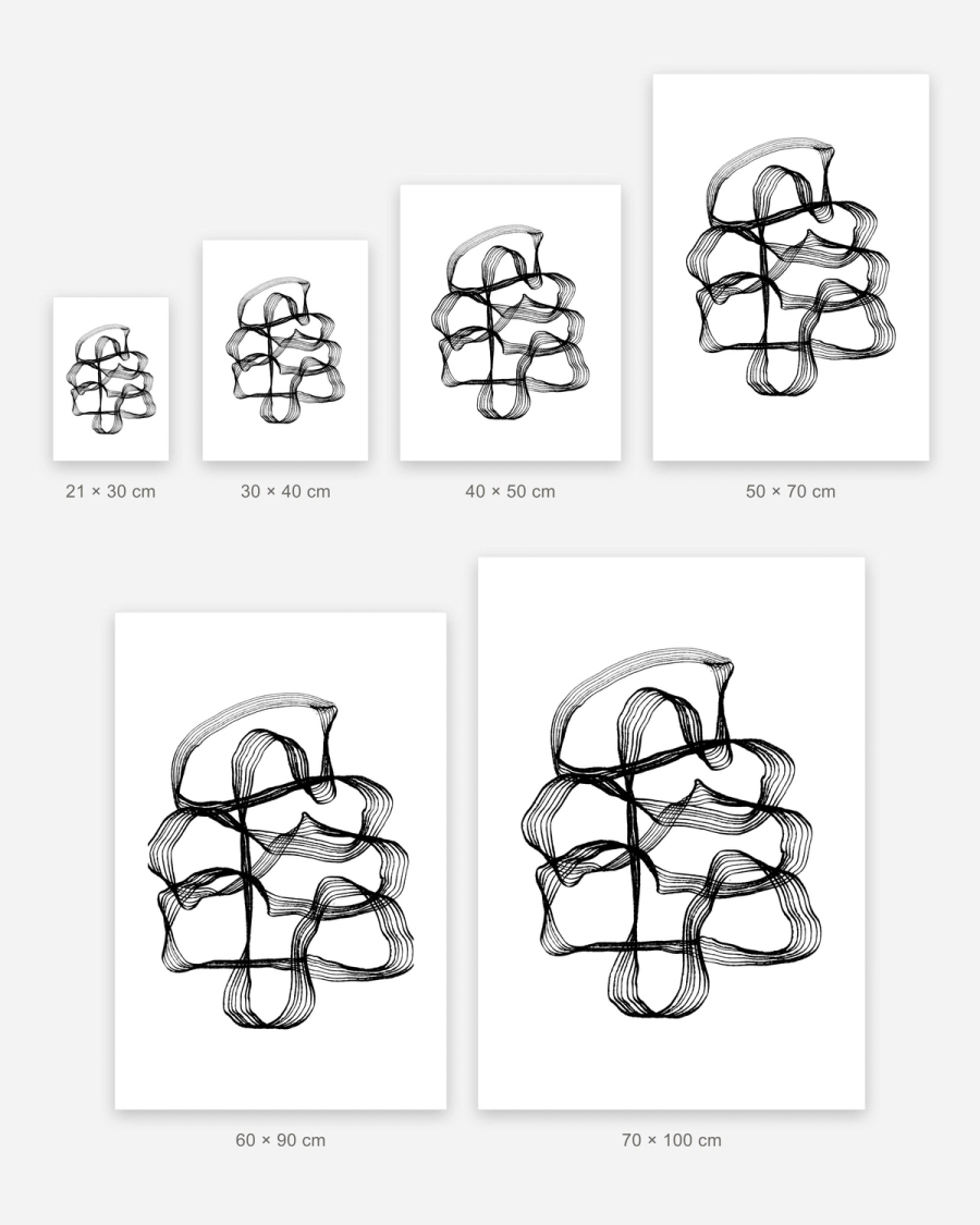 Looping Ribbons poster in 6 sizes, shown to scale: 21 × 30, 30 × 40, 40 × 50, 50 × 70, 60 × 90 and 70 × 100 cm