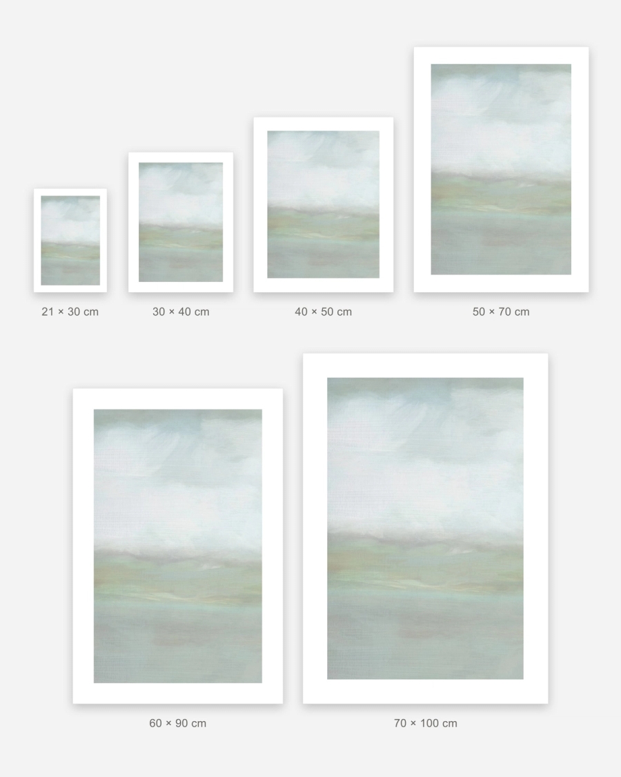 Pale Meadow Mist poster in 6 sizes, shown to scale: 21 × 30, 30 × 40, 40 × 50, 50 × 70, 60 × 90 and 70 × 100 cm