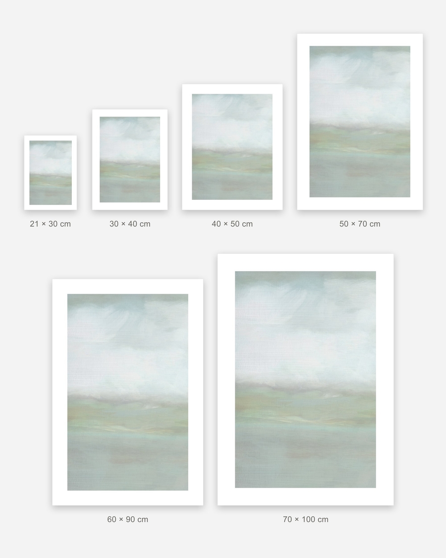 Pale Meadow Mist poster in 6 sizes, shown to scale: 21 × 30, 30 × 40, 40 × 50, 50 × 70, 60 × 90 and 70 × 100 cm