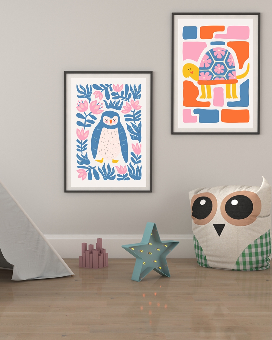 A poster of a Blue penguin surrounded by pink flowers and leaves