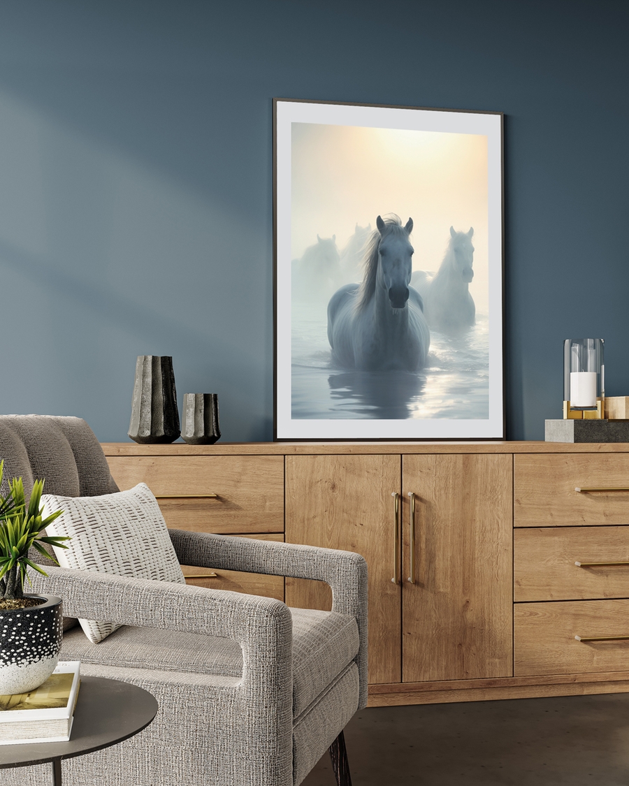 A poster of a White horses standing in misty water during sunrise
