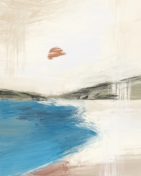 Abstract painted coastal landscape with a rust-red sun, blue water and cream and beige brushstrokes