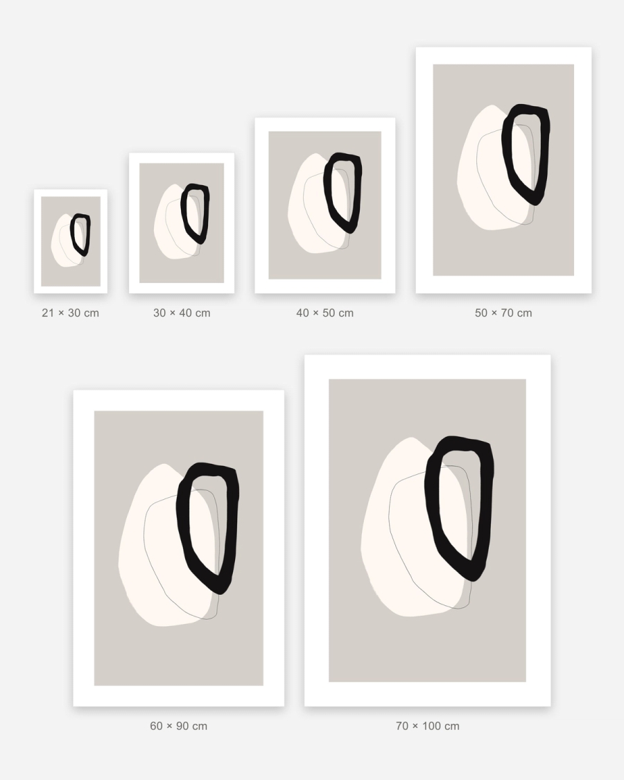 Loop and Form poster in 6 sizes, shown to scale: 21 × 30, 30 × 40, 40 × 50, 50 × 70, 60 × 90 and 70 × 100 cm