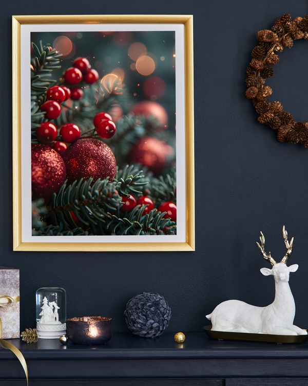 A poster of a red berries and ornaments on pine branches