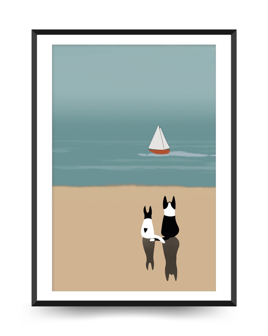 A poster of a Illustrated cats standing by sea with small boat