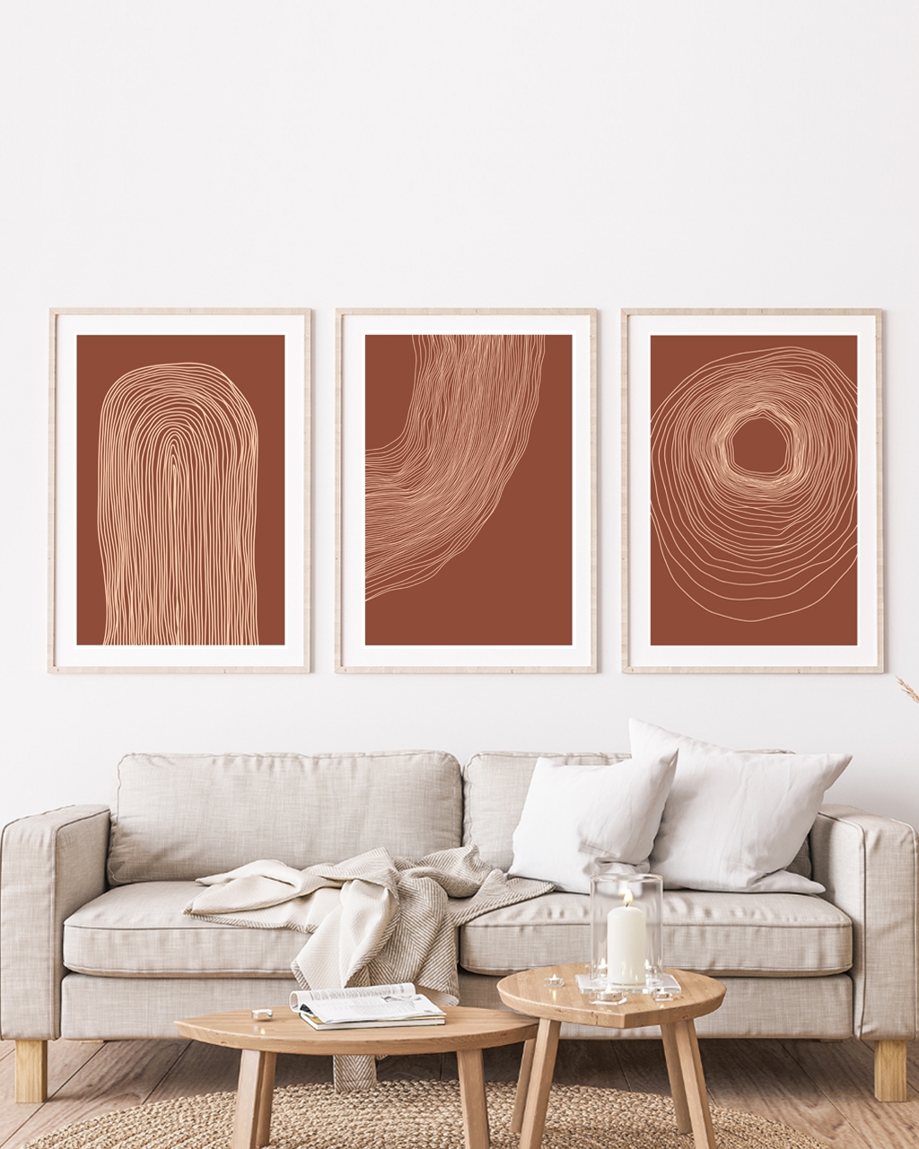 Three framed minimal posters of random lines hanged in the living room
