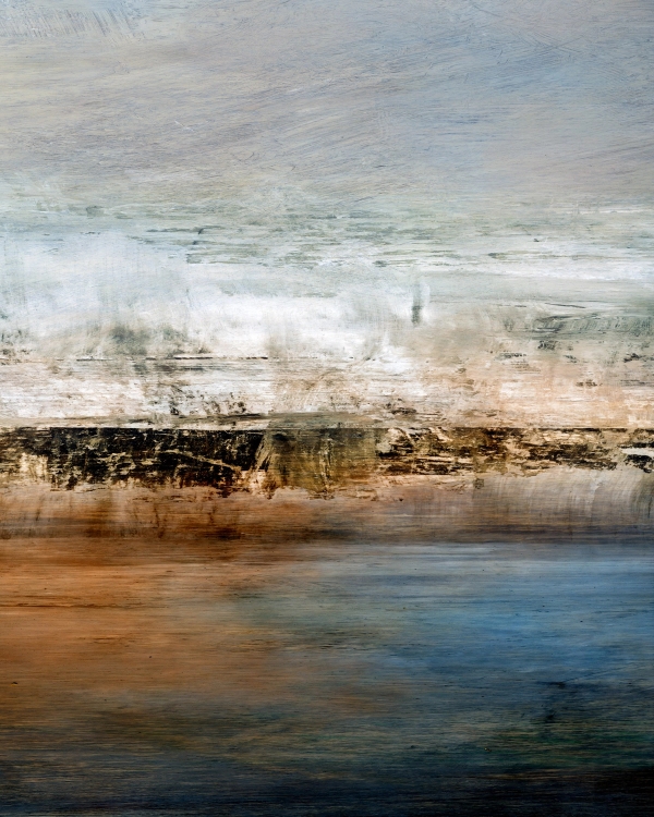 Abstract painted landscape with rust and blue bands below a pale sky and a dark horizon line