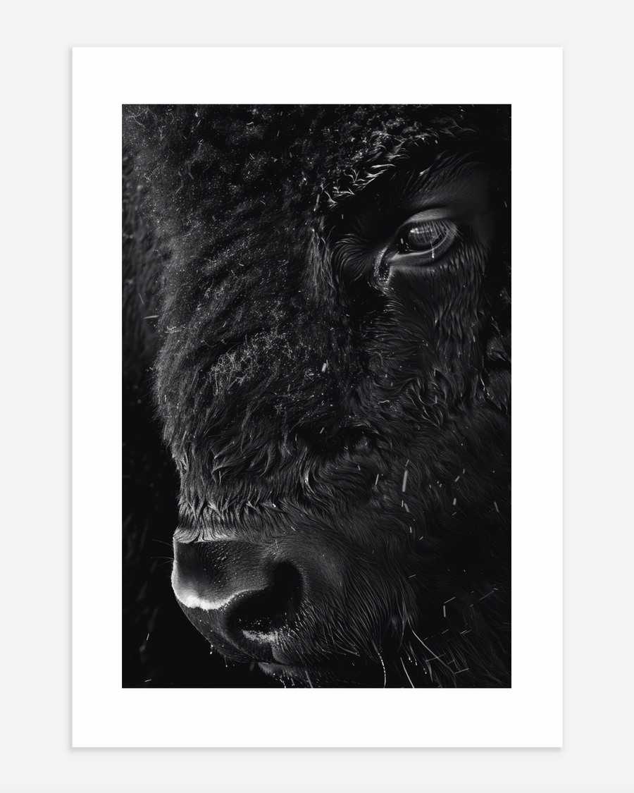 A poster of a Black and white close-up of wild animal face