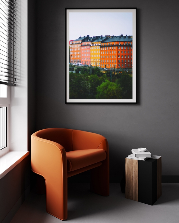 A poster of a colorful historic buildings in vibrant urban cityscape view
