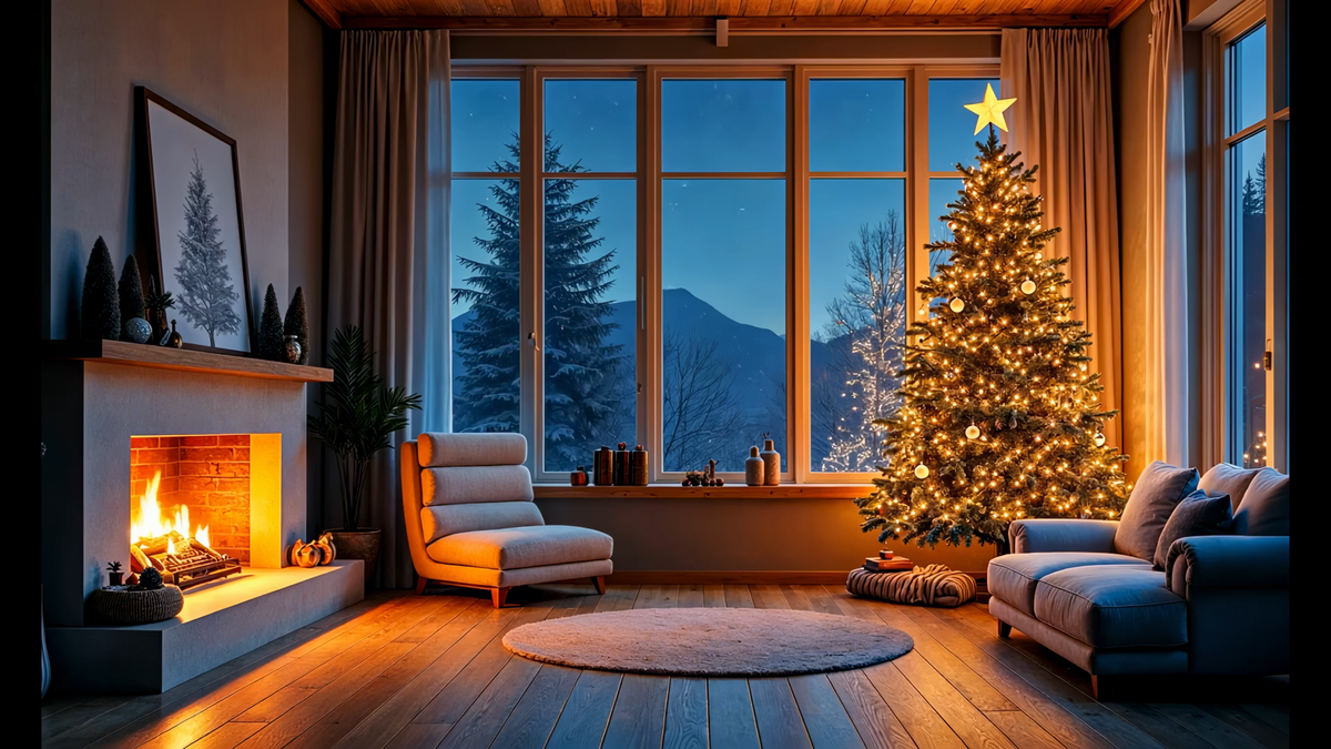 A Christmas room with a fireplace, and snowing outside.