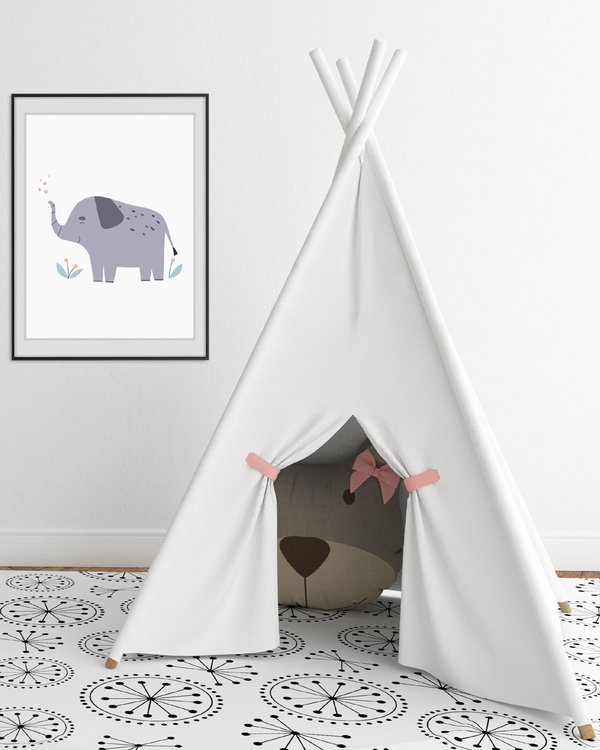A poster of a Soft pastel elephant illustration with playful details
