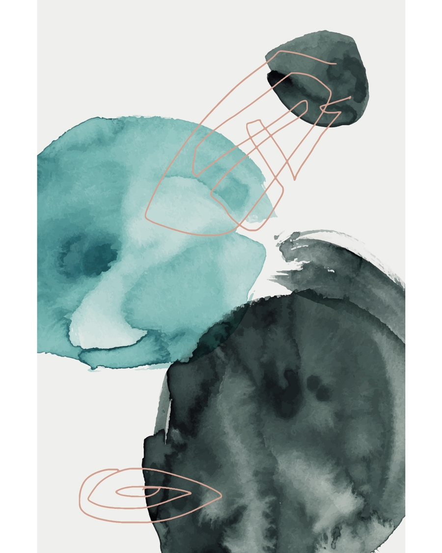 Abstract teal watercolor shapes with warm lines