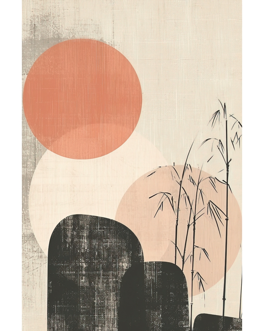 Japandi abstract circles with stones and plants