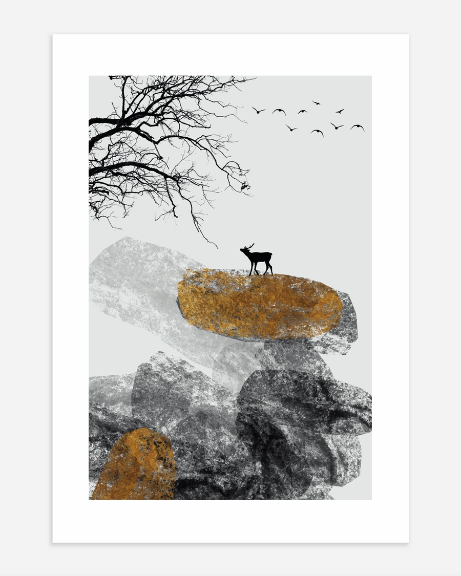 A poster of a Japandi deer standing on golden textured rocks