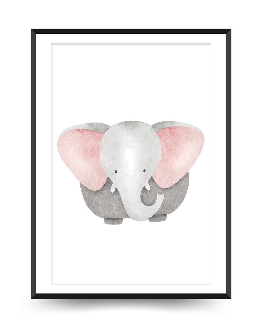 A poster of a Watercolor elephant with pink ears facing forward