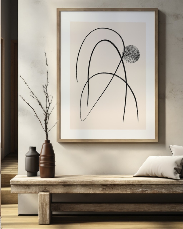 Charcoal Arc Study poster in a light wood frame above a rustic wooden bench in a minimal hallway