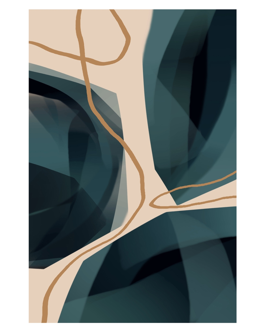Abstract teal shapes with beige organic lines