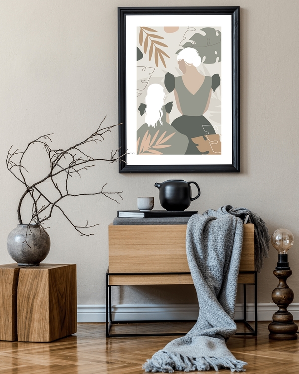 A poster of a Abstract figures with botanical shapes in earthy tones
