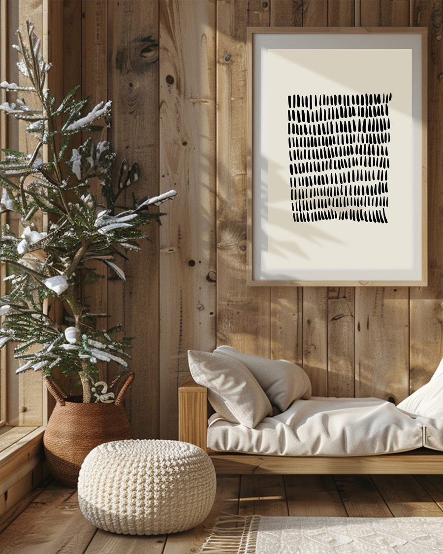 A poster of a abstract poster with black brushstroke grid on beige