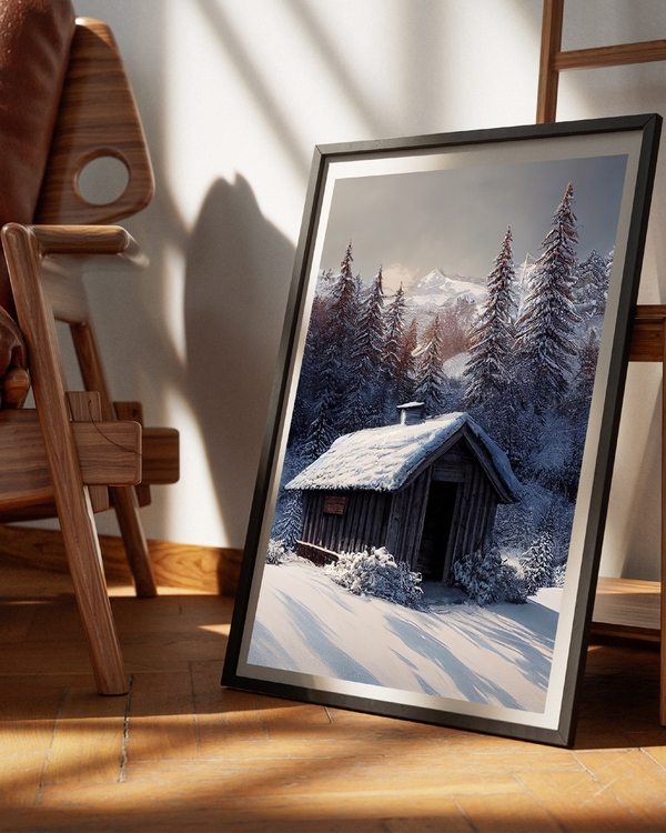 A poster of a Snow-covered wooden cabin surrounded by frosted pine trees