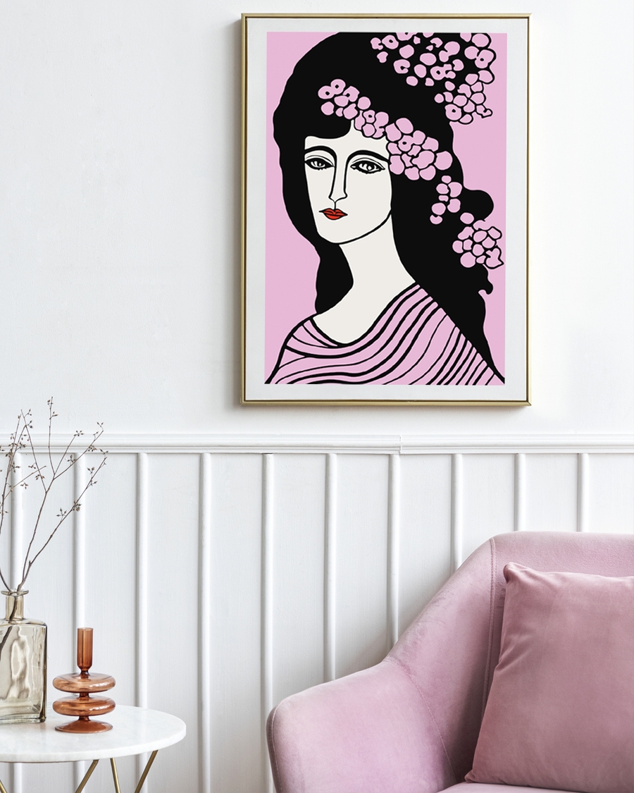 Art poster with floral silhouette in pink tones
