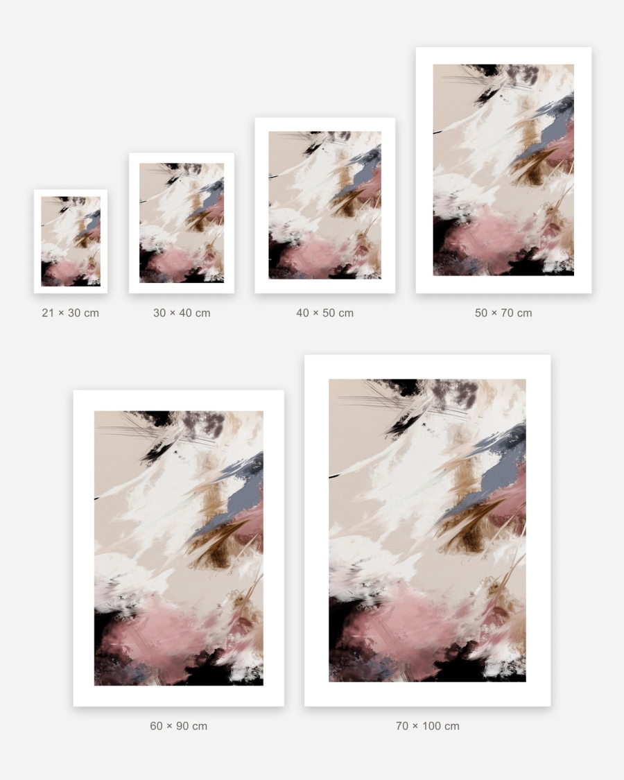 Blush Drift poster in 6 sizes, shown to scale: 21 × 30, 30 × 40, 40 × 50, 50 × 70, 60 × 90 and 70 × 100 cm