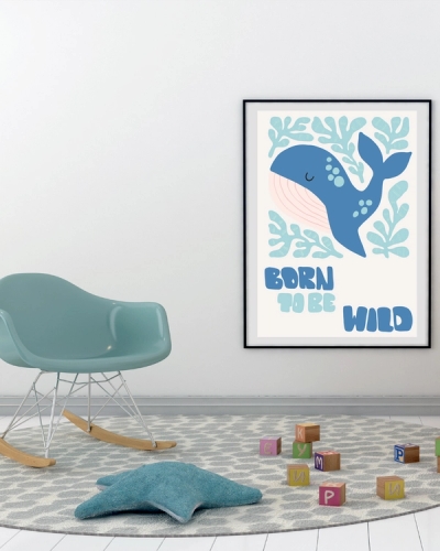 A poster of a blue whale with text Born to Be Wild