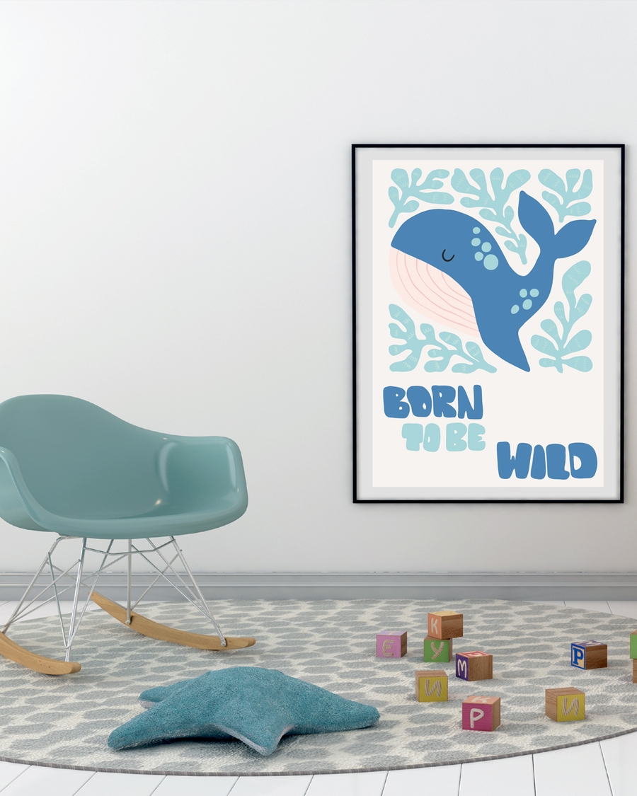 A poster of a blue whale with text Born to Be Wild