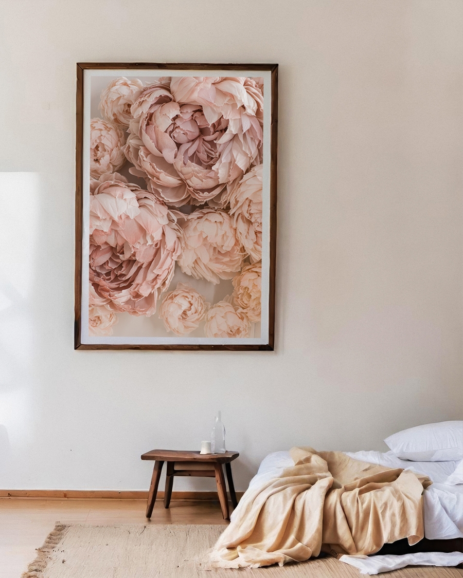 A poster of a Soft blush peonies in delicate layered petals.