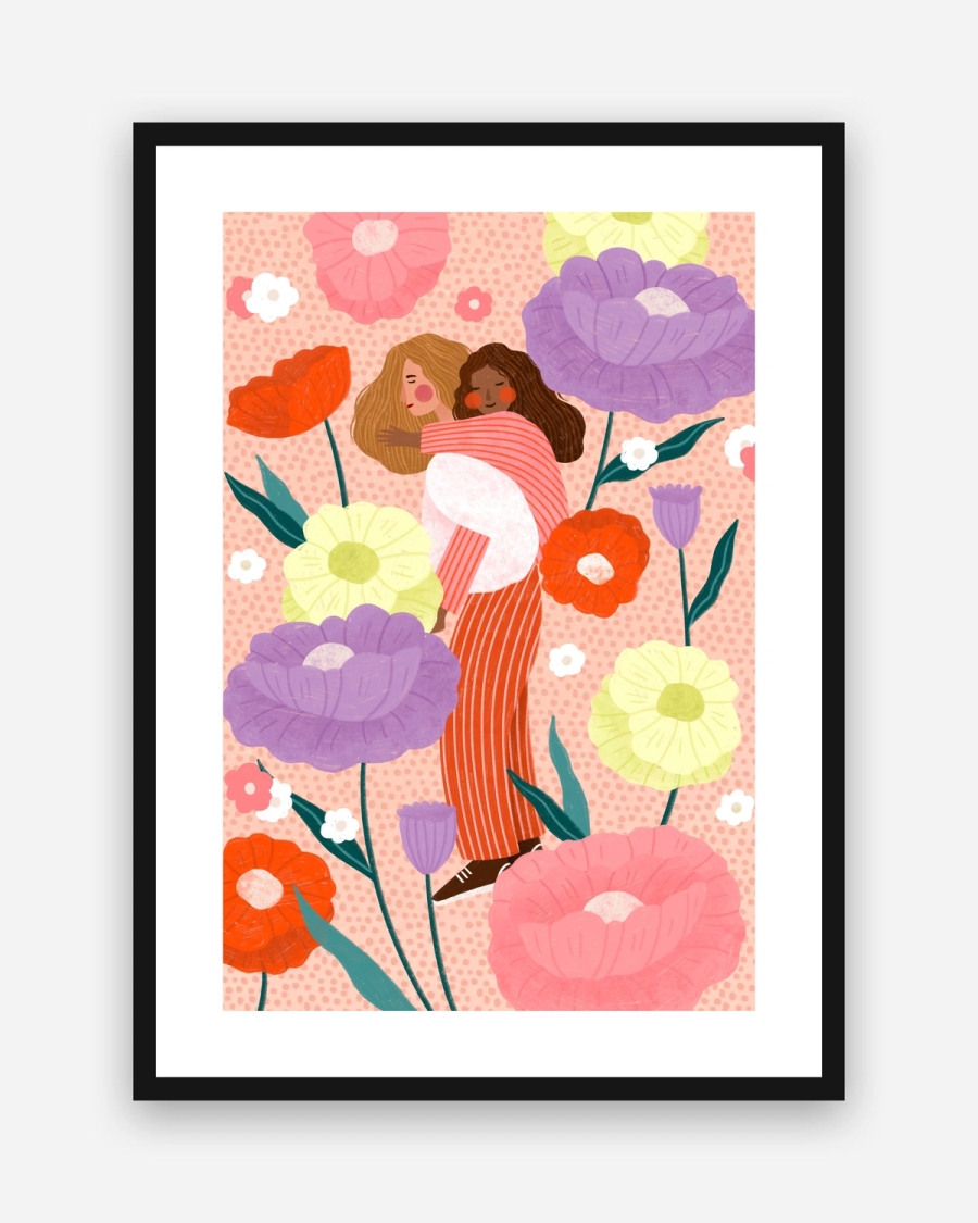 Embrace in Bloom poster with a white border in a black frame
