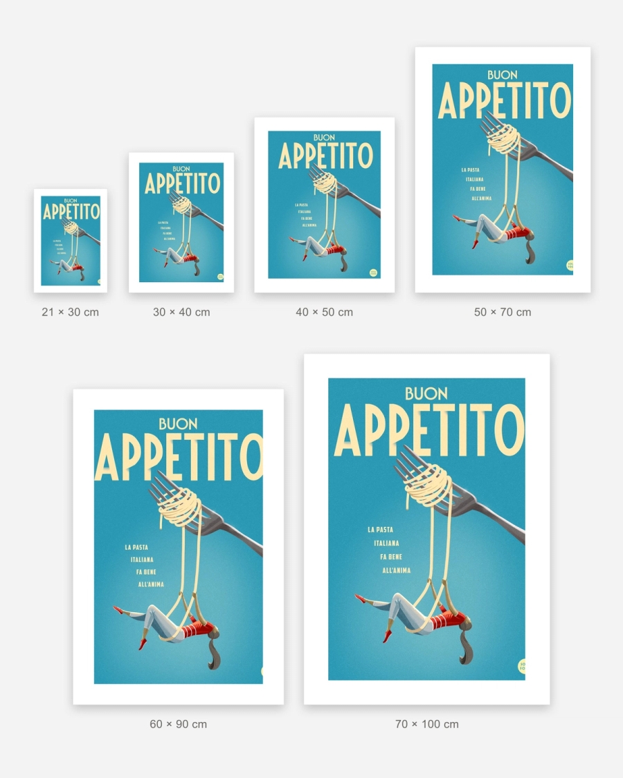 Pasta Swing poster in 6 sizes, shown to scale: 21 × 30, 30 × 40, 40 × 50, 50 × 70, 60 × 90 and 70 × 100 cm