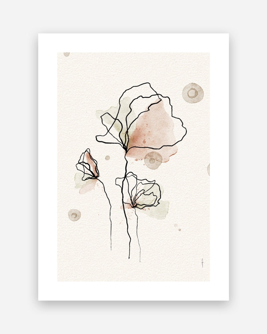 Ink Line Blossoms poster with a white border, unframed on a light gray background