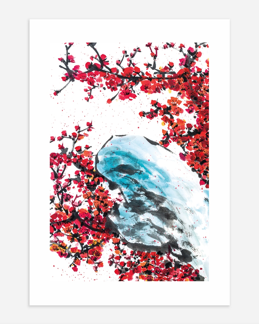 A poster of a Abstract japandi art with red blossoms and blue forms