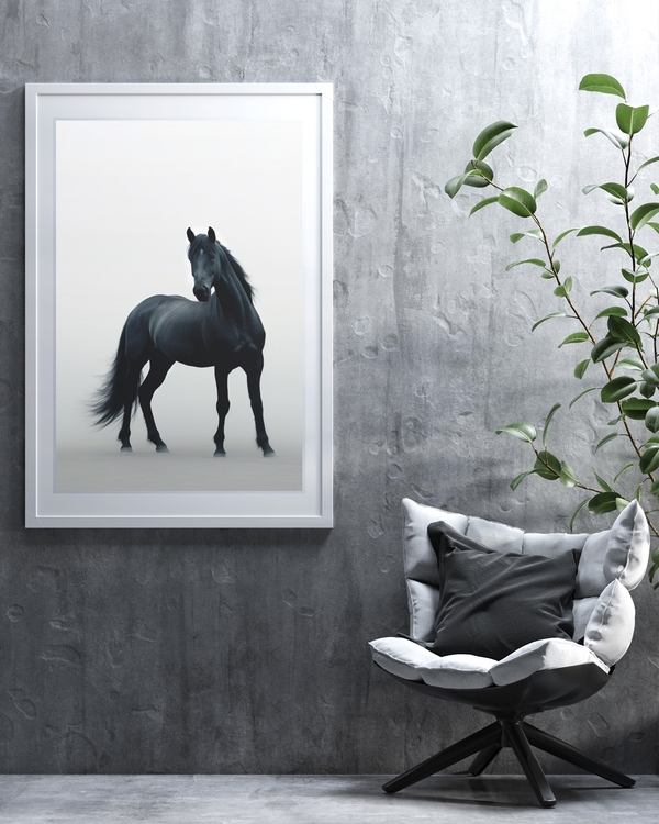 A poster fo a Black horse standing in soft misty background