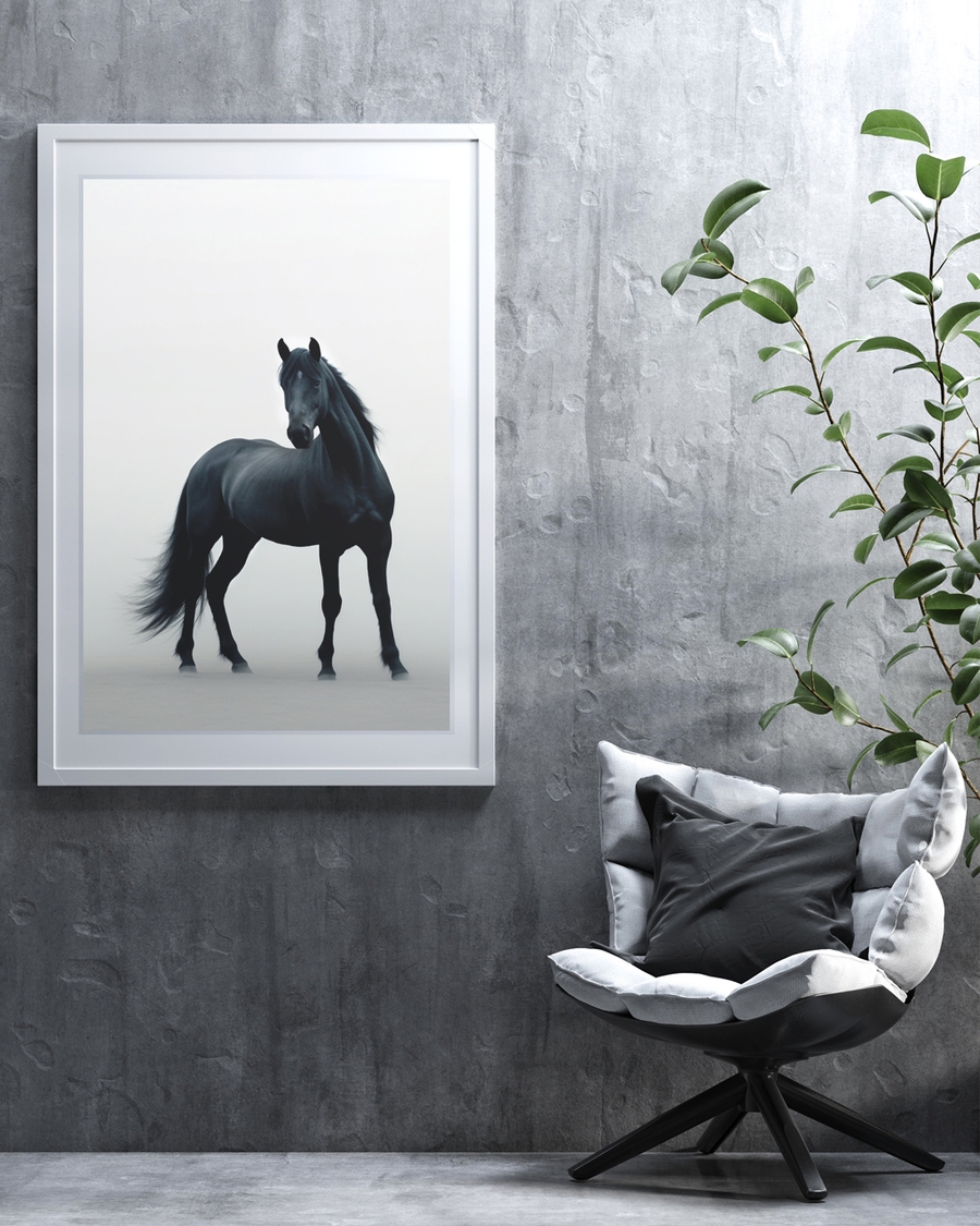 A poster fo a Black horse standing in soft misty background