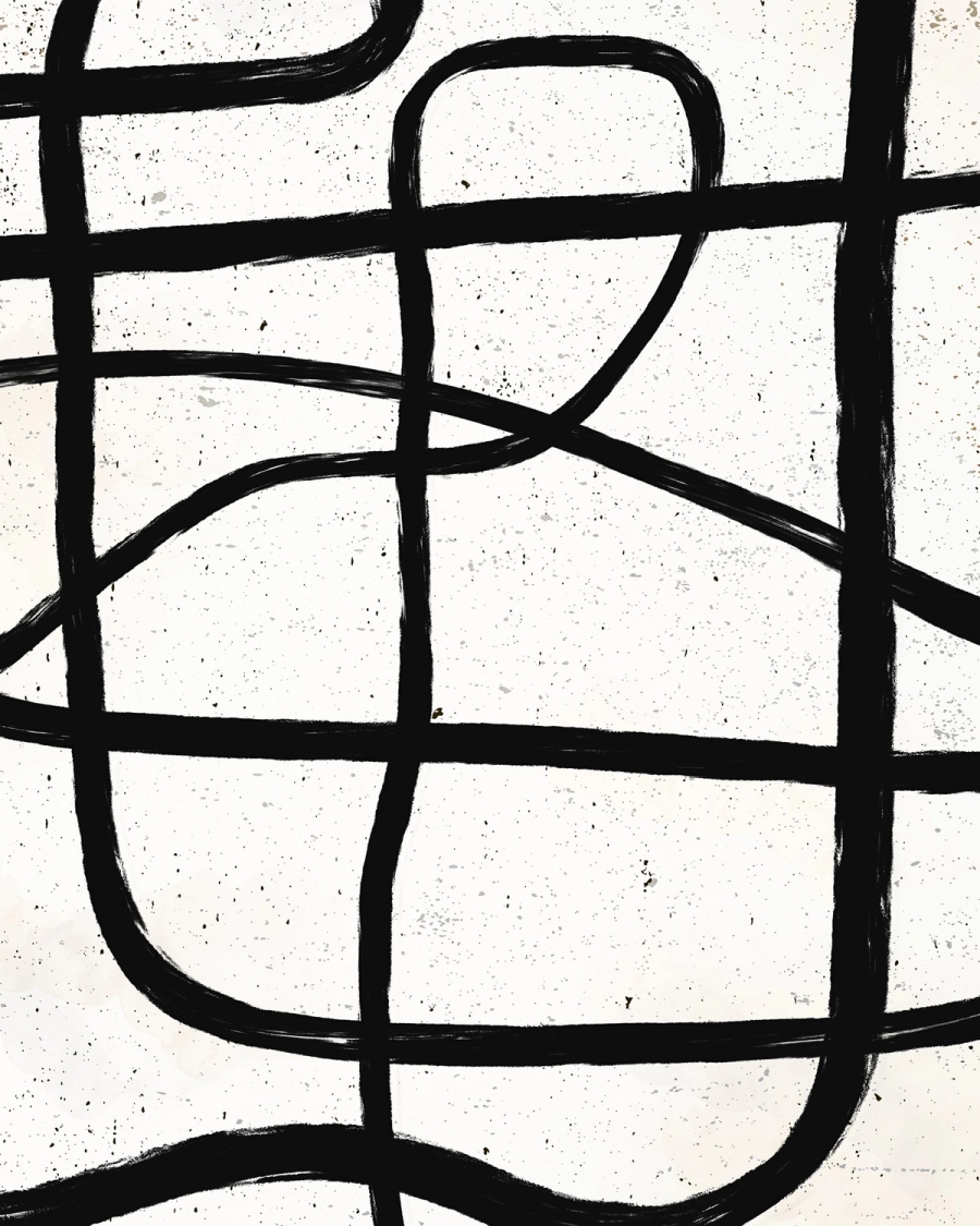 Abstract illustration of thick black brushstroke lines looping and crossing on a speckled off-white ground