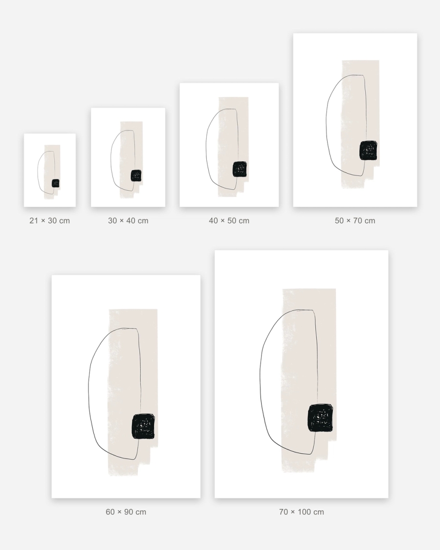 Scribbled Square poster in 6 sizes, shown to scale: 21 × 30, 30 × 40, 40 × 50, 50 × 70, 60 × 90 and 70 × 100 cm