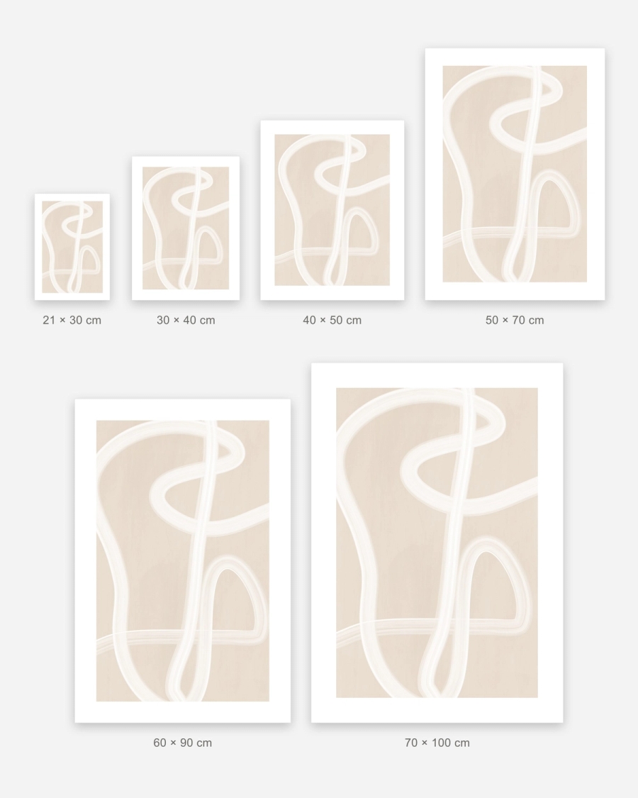 Ivory Ribbon Path poster in 6 sizes, shown to scale: 21 × 30, 30 × 40, 40 × 50, 50 × 70, 60 × 90 and 70 × 100 cm