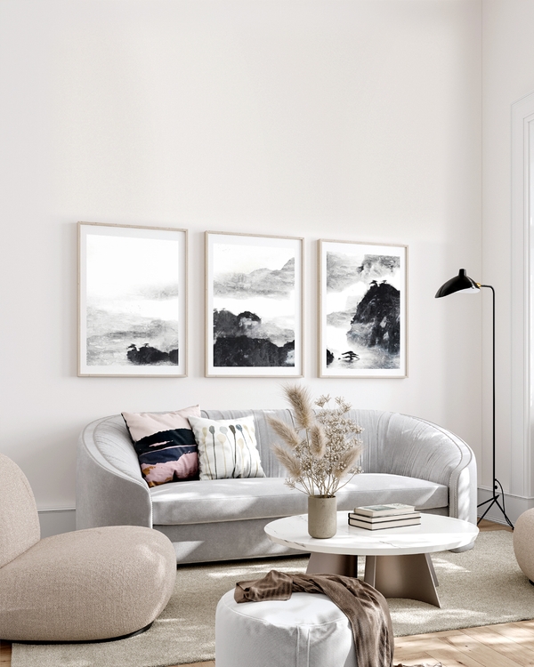 A poster of a Abstract light mountain landscape in soft gray tones