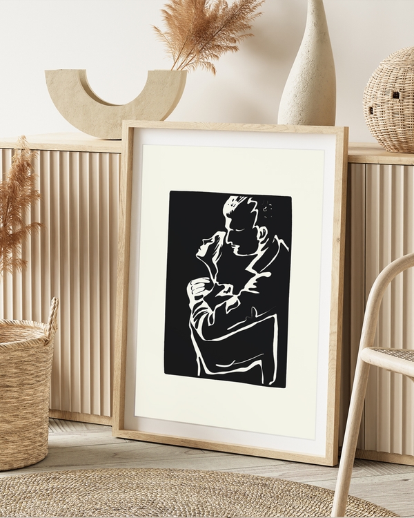 A poster of a Line art figures embracing in black and white