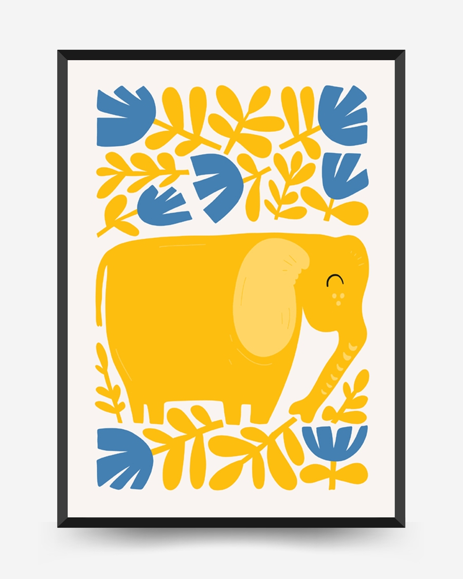 A poster of a yellow elephant surrounded by playful botanical shapes